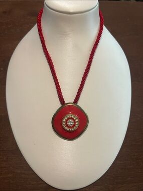 Red Enamel Pendant Necklace with Crystal Halo on Twisted Cord